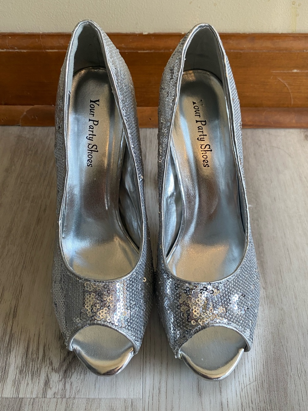 Your Party Shoes Silver Sequin Peep-Toe Heels
